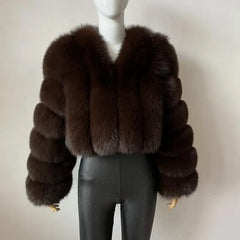 brown fox fur jacket with V-neckline