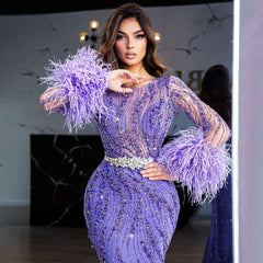 Purple Mermaid Beaded Feathers Floor Long Prom Dress