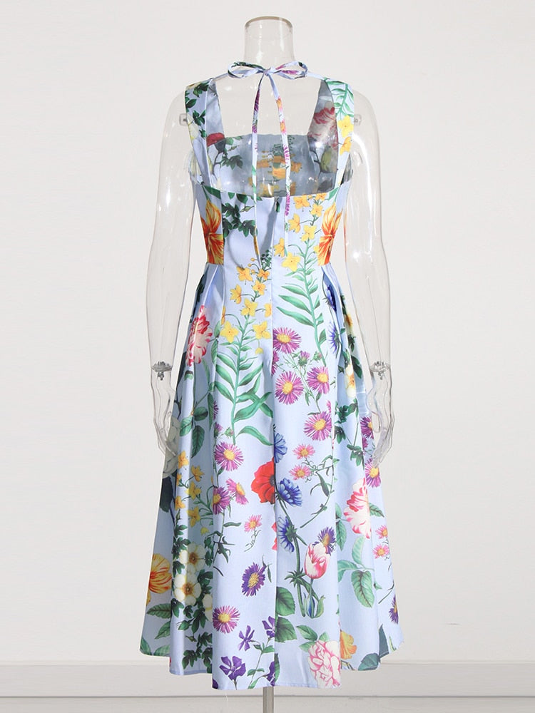 Square Collar Sleeveless Printed Midi Dress