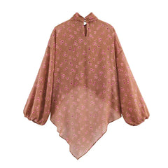 Brown blouse with pink floral pattern on a white background
