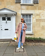 Red Gingham Lapel Long Trench Coat