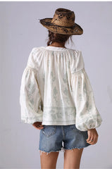 Embroidered Cotton Blouse with Lantern Sleeves