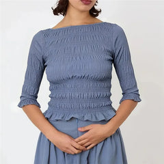 Boat Neck Smocked 3/4 Sleeve Peplum Top