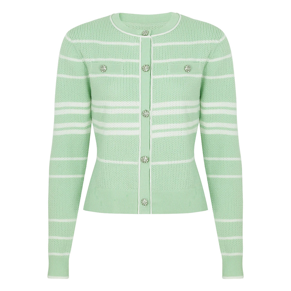 Green striped button-up knit cardigan with white trim and embellished buttons.