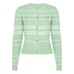 Green striped button-up knit cardigan with white trim and embellished buttons.
