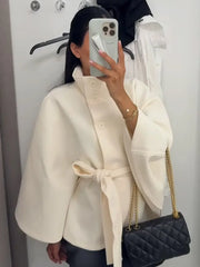 Stand Collar Belted Cape Coat