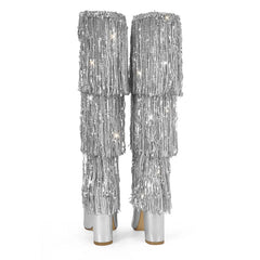 Pointed Toe Fringe Knee Boots