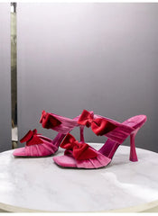 Pink Velvet Bow Stiletto Mules