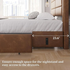 Bed with brown drawers labeled 23.6 inches, indicating space for nightstands.