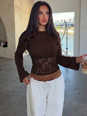 Coffee lace trim long sleeve cropped top