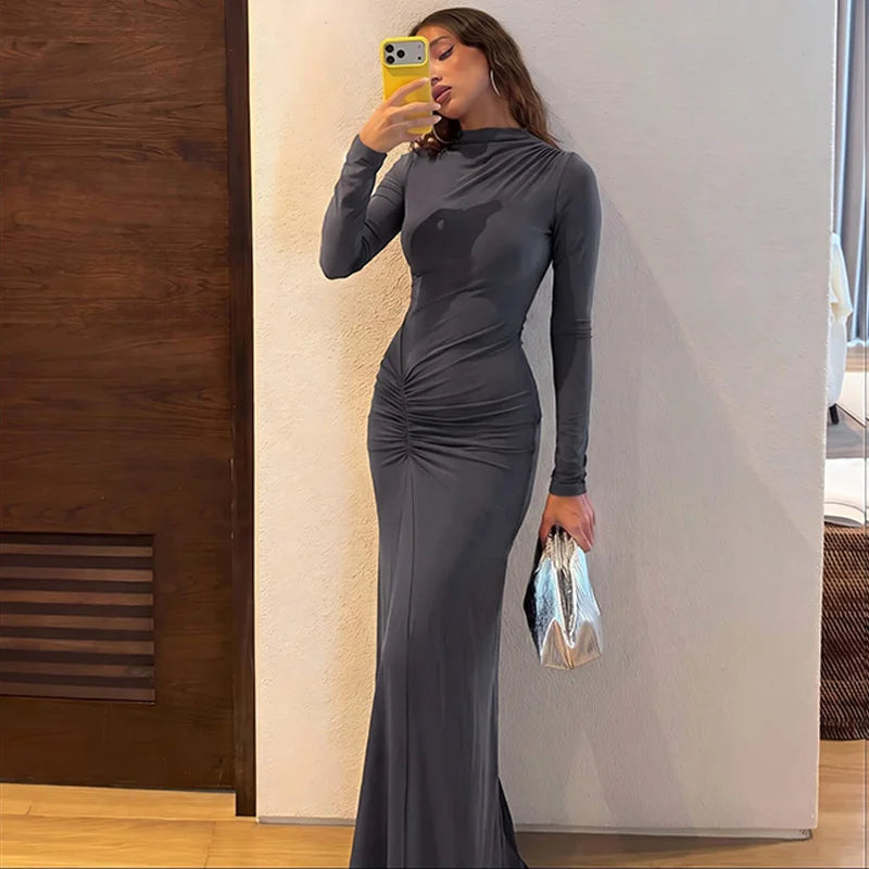 Turtleneck long sleeve maxi dress with ruched waist