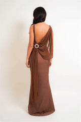 One Shoulder Low Back Draped Buckle Maxi Dress