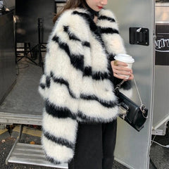 Fluffy Zebra Fur Coat Women Thick Warm Overcoats