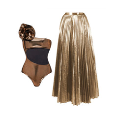 Metallic One-Shoulder Ruffled Bodysuit and Pleated Maxi Skirt Set