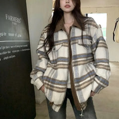 Plaid Turn-down Collar Loose Zipper Jacket