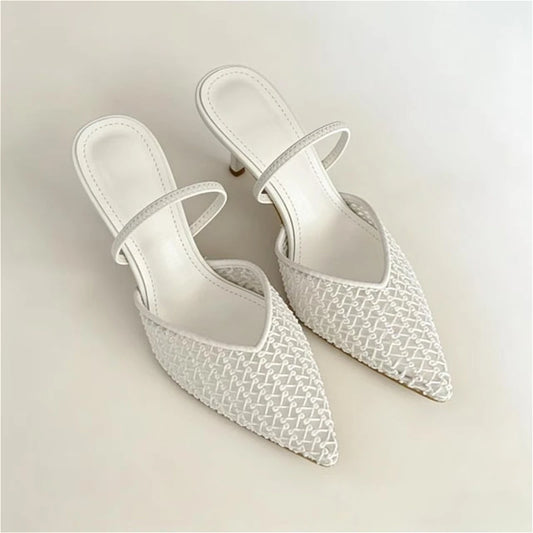 White mesh slingback pointed toe stiletto heels