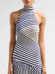 Striped High Neck Satin Maxi Dress