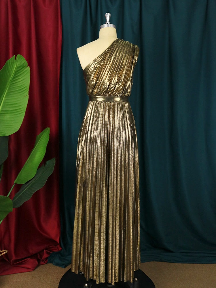 Long Metallic Pleated One Shoulder Sleeveless Maxi Dress