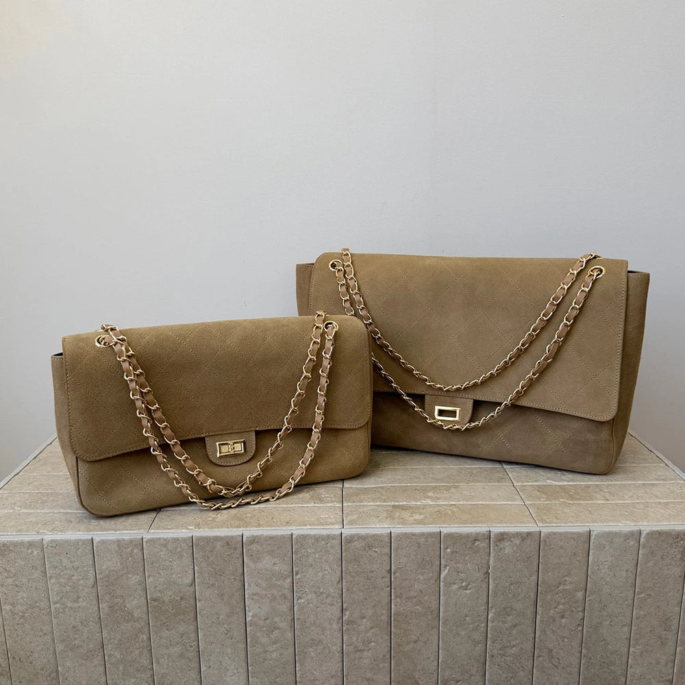 Tan quilted suede flap shoulder bags