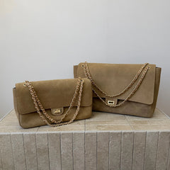 Tan quilted suede flap shoulder bags