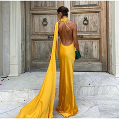 Yellow Satin Open Back Draped Bandage Maxi Dress Golden Atelier 2