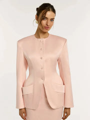 Pink satin hourglass waist blazer with padded shoulders