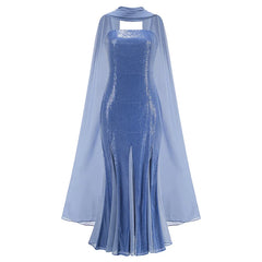 Blue Strapless Sequin Pleated Hem Gown With Scarf