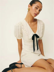 Short Puff Sleeve Bow Detail Dots Print Mini Dress