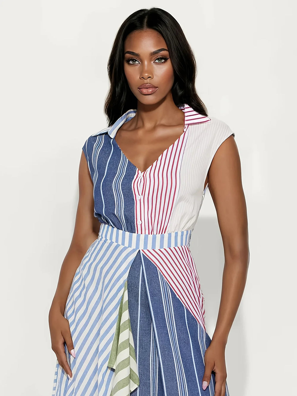 Patchwork stripe v-neck maxi dress close-up