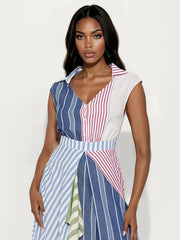 Patchwork stripe v-neck maxi dress close-up