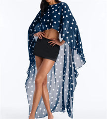 Navy polka dot sheer cape top with high low hem