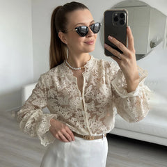 Embroidered Lace Full Sleeve Button-Up Top