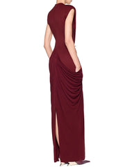 Burgundy draped metal buckle maxi dress back view
