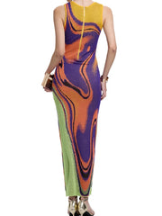 Back view of abstract print sleeveless maxi dress