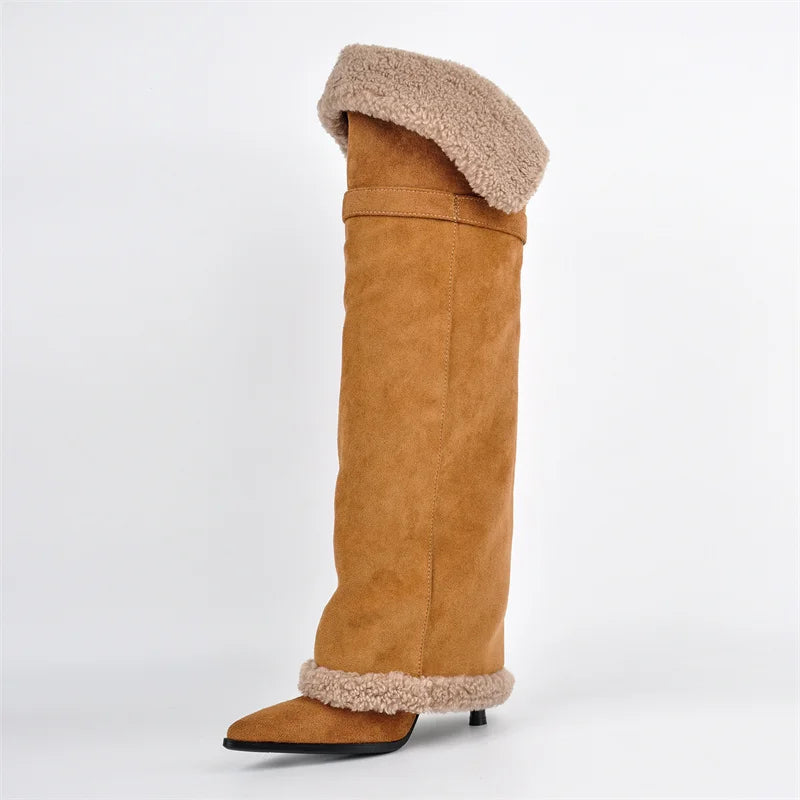 Side view of brown pointed toe fold over boots