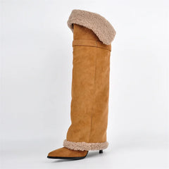 Side view of brown pointed toe fold over boots