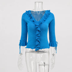 Ruffled V Neck 3/4 Sleeve Knit Cardigan Top