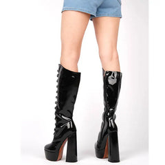 Patent Lace Up Platform Knee High Boots