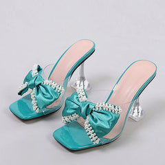  New Style Pink Women Slippers Sandals Fashion Pearl Bowknot High Heels PVC Transparent Shoes Summer Mule Slides Pumps , Golden Atelier 2