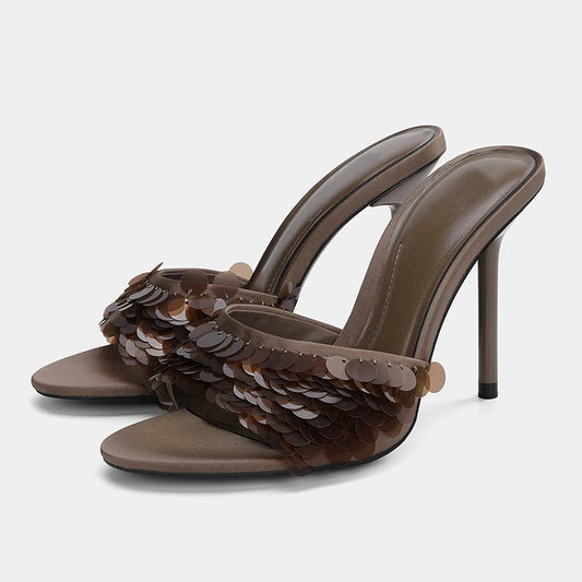 Side view of sequin embellished stiletto heels