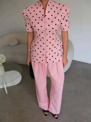 Polka dot puff sleeve mandarin collar top