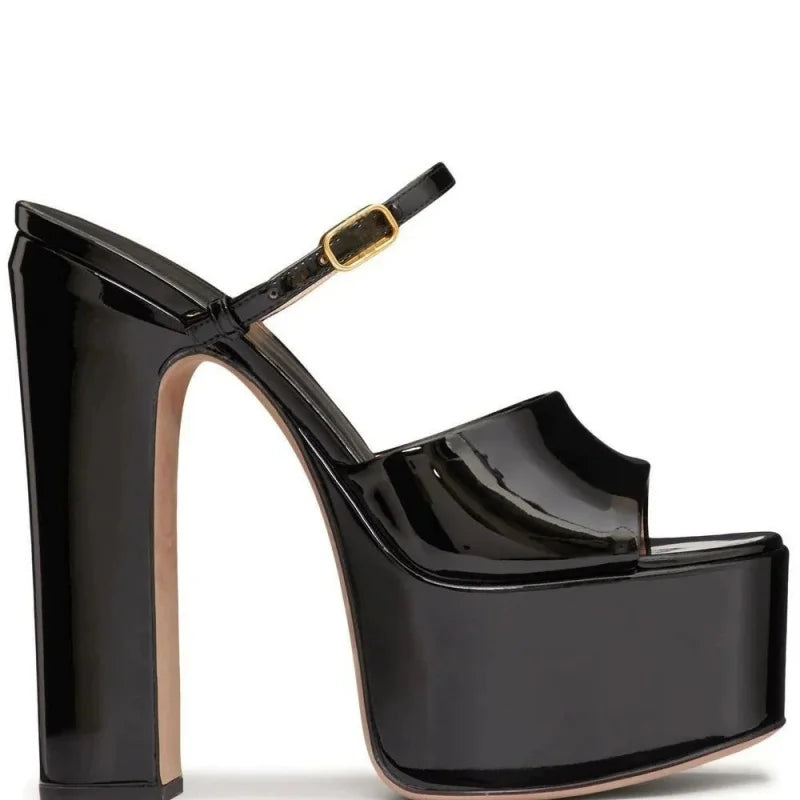 Black high-heeled shoe with platform sole 