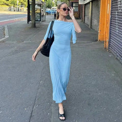 Diagonal Collar Ruched Bodycon Maxi Dress with Metallic Stud Detail