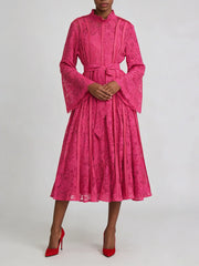 Pink lace bell sleeve midi dress