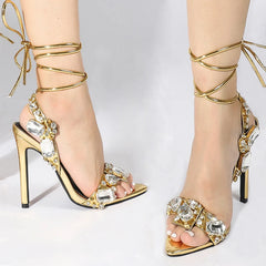 Ankle Strap Pointed Toe Crystal High Heeled Sandal Shoes