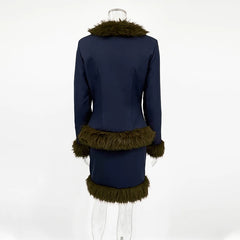 Fur Trim Long Sleeve Coat and Mini Skirt Set