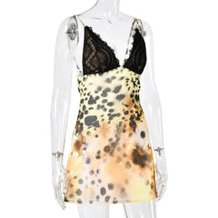 Leopard Print Lace Trim Spaghetti Strap Mini Dress