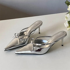 Silver Butterfly-knot Pointed Toe Thin Heels Sandals