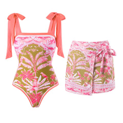 V-Neck Tie-Strap Swimsuit and Wrap Skirt Set