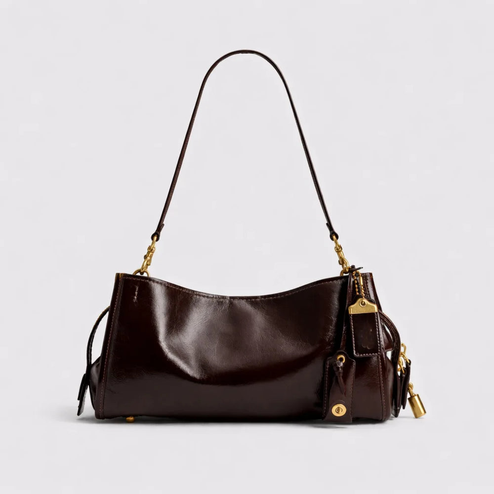 Glossy dark brown leather shoulder bag
